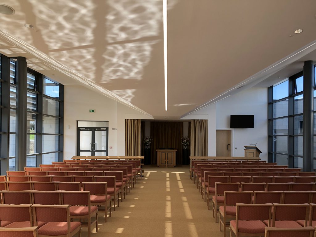 Inside the ceremony hall with water reflections on the ceiling